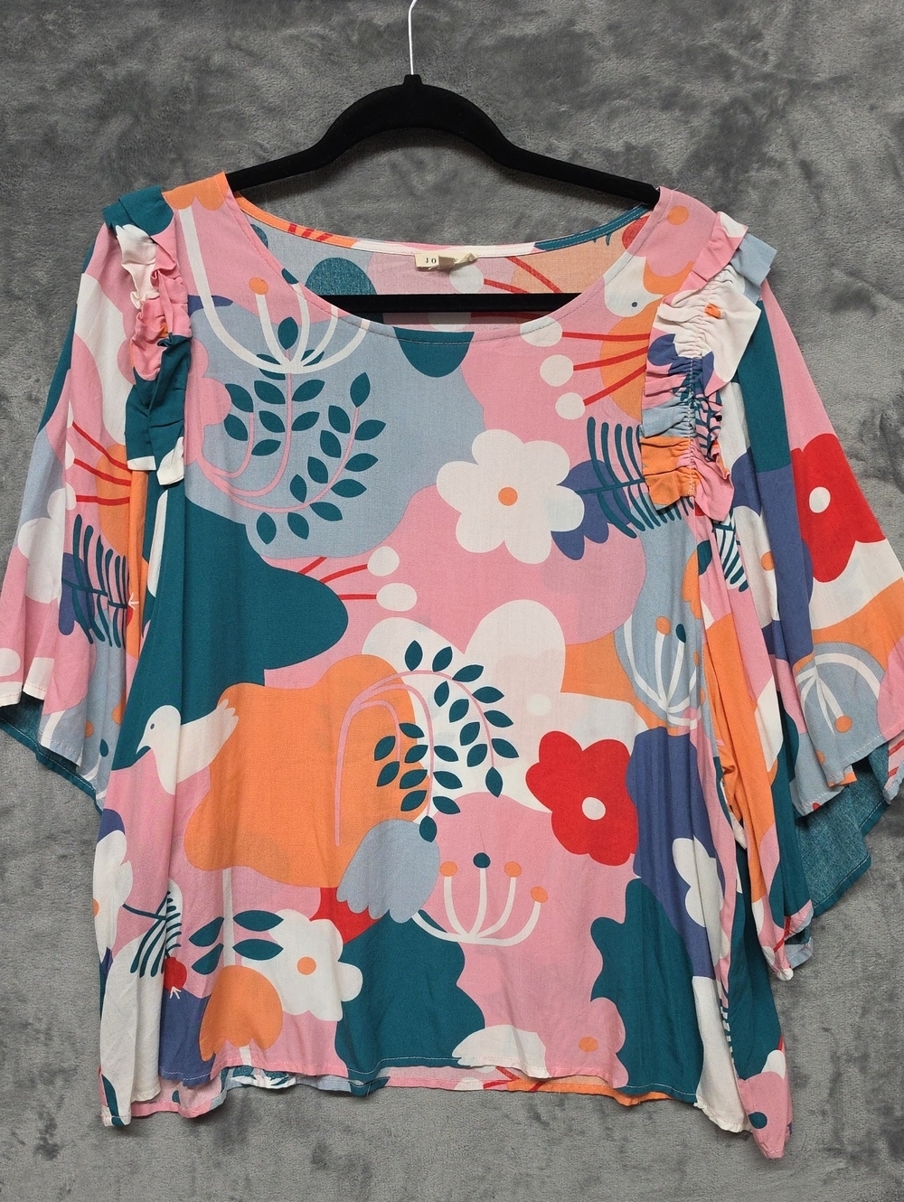 JODIFL Multicolor Teal Pink Orange Floral Ruffle Sleeve Top